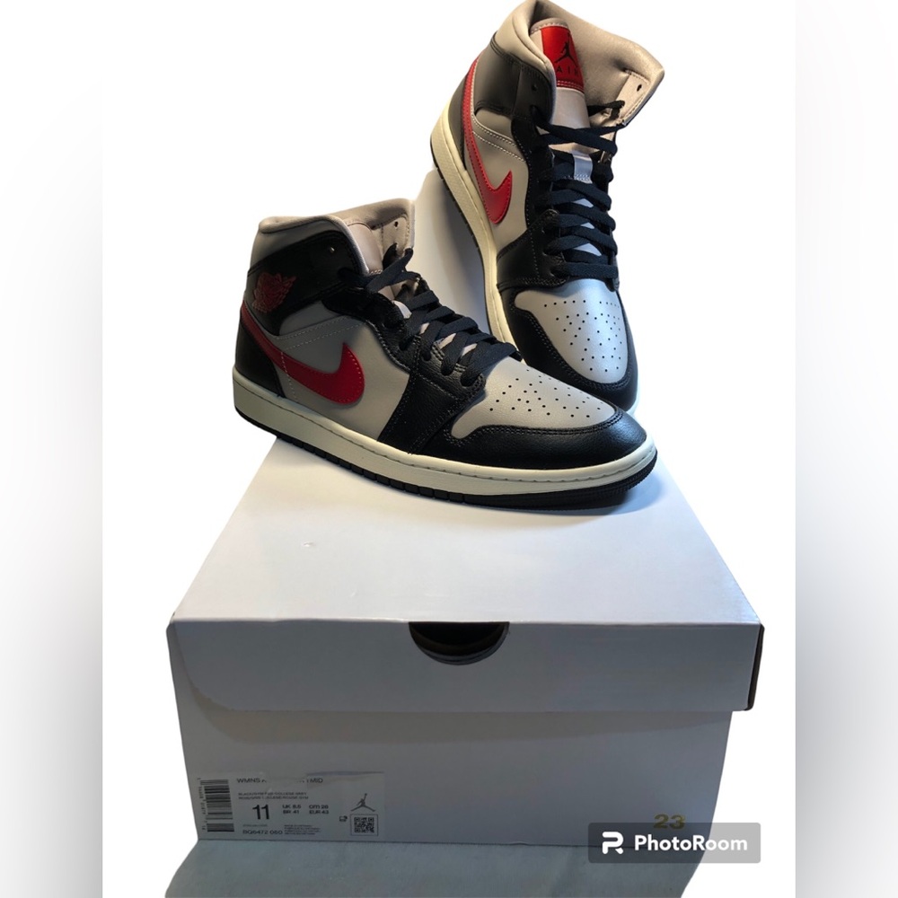 Nike Air Jordan 1 Mid Womens Black Grey Red  Sneakers - 11 US